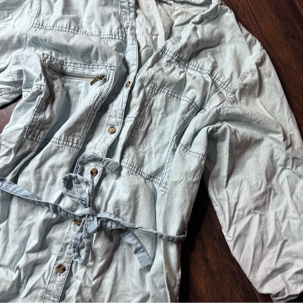 Speed Control Light Blue Waist Tie Chambray Button Down Dress - Picture 4 of 4